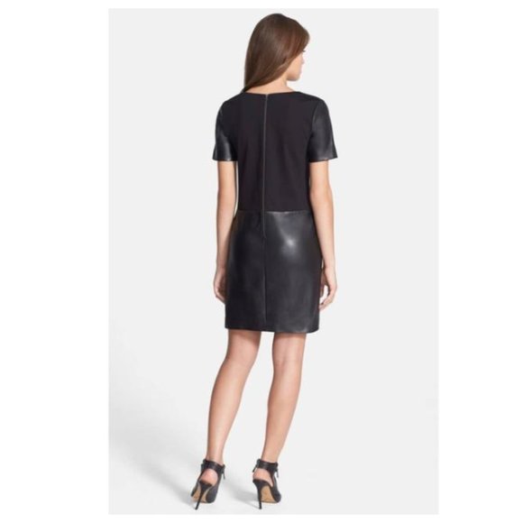 Halogen Leather Ponte Knit Shift Dress Womens Small Black Short Sleeve Crew Neck - Picture 2 of 13